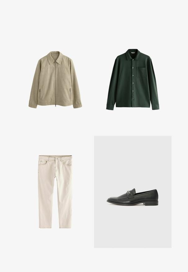 Svetlo béžová bunda s golierovým výstrihom, predným zipsom a dvoma bočnými zipsovými vreckami. Vyrobená z mäkkej, štruktúrovanej tkaniny.; Tmavozelená košeľa na gombíky s golierom, vreckom na hrudi a dlhými rukávmi. Hladká látka s klasickým strihom a jemným leskom.; Svetlo béžové slim-fit džínsy s rovnou nohou, piatimi vreckami, zapínaním na gombík a zips, a zosilneným švom pozdĺž švov.; Čierne kožené loafers s hladkým povrchom, s prešitým dizajnom a dekoratívnym kovovým reťazovým akcentom cez priehlavok. Plochý podpätok.