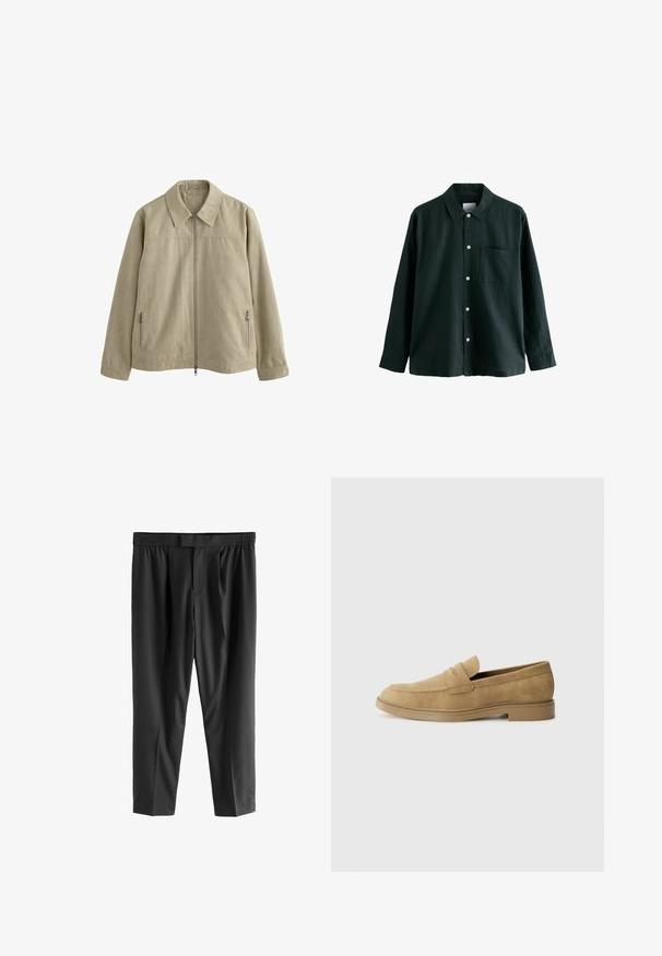 Svijetlosmeđi sako s ovratnikom, prednjim zatvaranjem na zip i dva bočna džepa na zip. Izrađen je od mekanog, teksturiranog materijala.; Tamnozelena košulja s dugim rukavima, ovratnikom i jednim džepom na grudima; sadrži bijele gumbe i meku teksturu.; Next REGULAR FIT -CHECK SMART - Chino hlače - black; Svijetlosmeđi zamjenski mokasini s zaobljenim vrhom, niskim blok-petama i šivanjem na gornjem dijelu. Glatka tekstura i minimalistički dizajn.