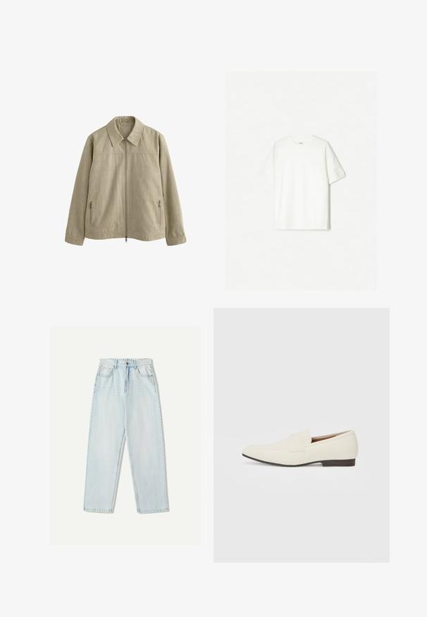Veste beige clair avec un col, fermeture éclair sur le devant et deux poches zippées sur les côtés. Fabriquée en tissu doux et texturé.; T-shirt blanc à manches courtes en coton doux. Design à col rond avec une coupe décontractée et sans logos ni motifs visibles.; Jeans en denim bleu clair avec une coupe décontractée, un design à jambe droite, un style à cinq poches et une légère décoloration sur le tissu.; Mocassins beige clair avec un bout pointu, en matériau lisse, une sangle sur le devant et une semelle basse marron. Design simple avec des accents minimalistes.