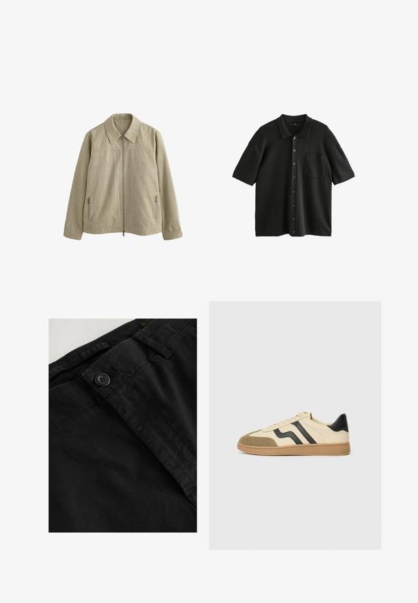 Giacca beige chiaro con colletto, chiusura anteriore con zip e due tasche laterali con zip. Realizzata in un tessuto morbido e testurizzato.; Polo shirt nero a maniche corte realizzato in tessuto testurizzato, con chiusura a bottoni e tasca sul petto. I bottoni sono scuri e lucidi.; Pantaloni neri in cotone caratterizzati da una texture liscia, chiusura con bottone, passanti per cintura e vita. Vista dall'alto che mette in evidenza il tessuto.; Sneakers con una toma in pelle color crema, punta in suede beige, strisce nere e suola in gomma color caramello. Presentano dettagli cuciti e lacci.