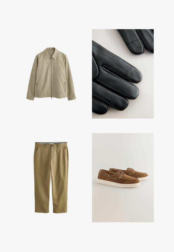 Veste beige clair avec un col, fermeture éclair sur le devant et deux poches zippées sur les côtés. Fabriquée en tissu doux et texturé.; T-shirt beige à manches courtes en coton avec un col rond et une coupe décontractée, présentant une texture lisse sans motifs ni accents.; Chinos kaki en mélange de coton, dotés de deux poches latérales, d'une fermeture à bouton, de jambes droites et d'une texture lisse.; Chaussures en suede marron avec une semelle en caoutchouc blanc, design à lacets, œillets en métal et couture contrastante le long des bords.; Gants en cuir noirs avec une texture lisse, un design élégant et des coutures apparentes le long des doigts, avec une pointe légèrement arrondie sur chaque doigt.