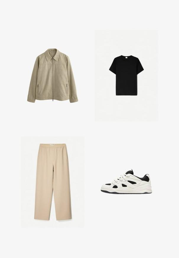 Helles beige Jackett mit einem Kragen, Frontreißverschluss und zwei seitlichen Reißverschlusstaschen. Hergestellt aus weichem, strukturiertem Stoff.; Schwarzes T-Shirt mit kurzen Ärmeln, klassischem Rundhalsausschnitt, aus weichem Baumwollmaterial, mit glatter Textur und ohne sichtbare Muster oder Akzente.; Beige Weite-Hose mit einem elastischen Bund, aus weichem Stoff gefertigt, mit glatter Textur und minimalen Nähten.; Weiß-schwarze Sportschuhe mit einer strukturierten Sohle, die auf der Seite ausgeschnittene Designs und Schnürsenkel aufweisen, sowie eine gepolsterte Ferse für Unterstützung.