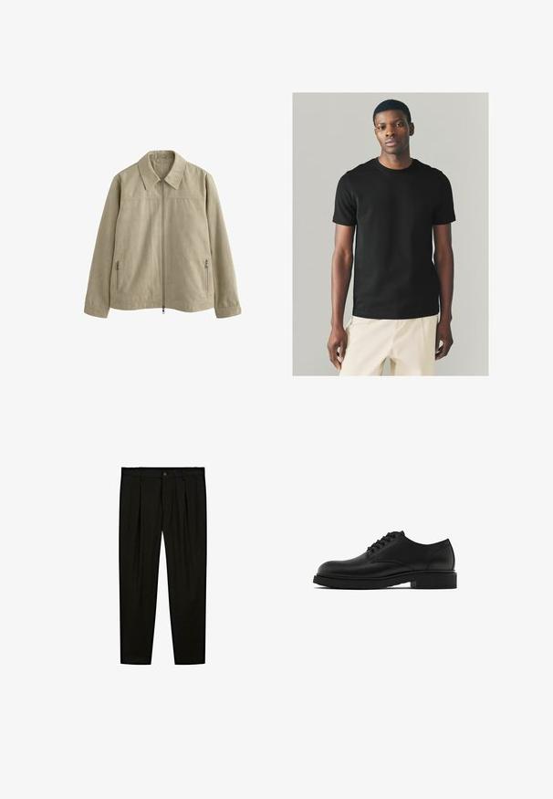 Helles beige Jackett mit einem Kragen, Frontreißverschluss und zwei seitlichen Reißverschlusstaschen. Hergestellt aus weichem, strukturiertem Stoff.; Schwarzes Baumwoll-T-Shirt mit kurzen Ärmeln, Rundhalskragen und taillierter Silhouette, kombiniert mit hellen Hosen. Glatte Textur.; Schwarze maßgeschneiderte Hose aus glattem Stoff. Zu den Merkmalen gehören eine flache Vorderseite, weite Beine und ein Knopfverschluss am Taillenbund.; Schwarze Lederschuhe mit strukturiertem Finish, runder Spitze, fünf Ösen für Schnürsenkel und einer stabilen schwarzen Sohle. Einfaches, gerades Design.