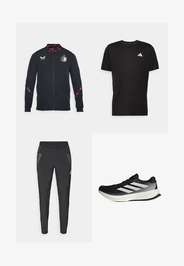 Castore FEYENOORD ROTTERDAM LEAGUE MATCHDAY ANTHEM JACKET - Klub merchandise - caviar/tomato; Sort bomulds T-shirt med korte ærmer, rund hals og et hvidt logo på venstre bryst. Glat tekstur og enkelt design.; adidas Performance REAL MADRID TIRO25 PRO VIS TECH TRAVEL PANT - Klub merchandise - black/lucid lemon; Sort atletisk sko med mesh-design, der har hvide striber, en rund tå og en tekstureret sål for greb og støtte.