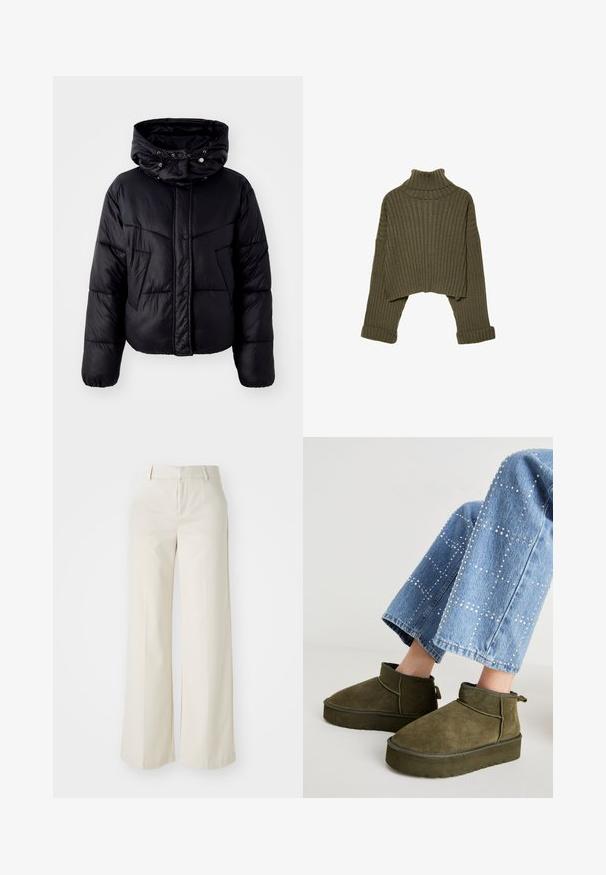 Czarna kurtka puchowa z wysokim kołnierzem i kapturem ze sznurkiem, z przodem zapinanym na napy oraz ukośnym wzorem przeszyć na korpusie.; Stradivarius - Sweter; Spodnie o szerokich nogawkach w jasnobeżowym kolorze, wykonane z gładkiego materiału. Posiadają klasyczny pas i płaski przód z czystymi liniami.; Zielono-oliwkowe zamszowe botki za kostkę z grubą, teksturowaną podeszwą i pętelką do zakupu. Połączone z jasnoniebieskimi, zdobionymi dżinsami.