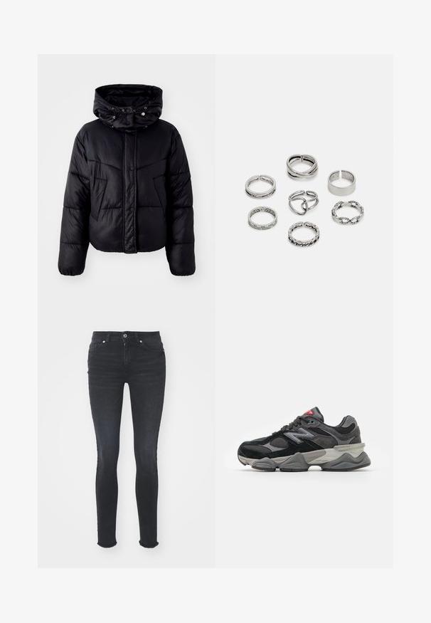 Melnā pūkaina jaka ar augstu apkakli un savilkšanas kapuci, ar priekšējo spiedpogu aizdari un diognālu šuvju rakstu uz ķermeņa.; Melnbalti īsām piedurknēm bodiji ar apaļu kakla izgriezumu un tanga apakšdaļu, izgatavoti no gludas, elastīgas auduma.; Melna denima pieguļošas džinsus ar vidēju jostas līmeni, piecām kabatām un frēzu apakšmalu. Audumam ir gluda tekstūra ar nelielu elastību.; Melna un pelēka sporta apavi ar suede un sieta materiālu kombināciju, bieza zole, izteikts logs un sarkana akcents uz mēles.; Septi sudraba gredzeni ar dažādām dizaina iezīmēm, ieskaitot savītas, savienotas un iegravētas formas. Atšķirīgas formas un platumi.