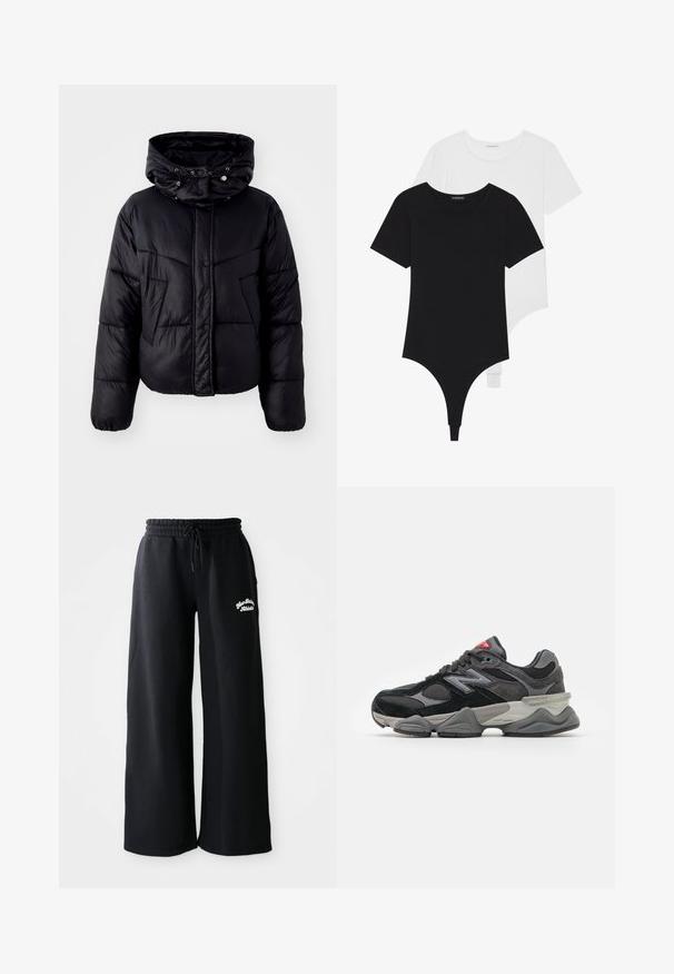 Black puffer jacket with a high collar and drawstring hood, featuring a front snap closure and diagonal stitched pattern on the body.; Black and white short-sleeve bodysuits with round necklines and thong bottoms, made from smooth, stretchable fabric.; Black wide-leg sweatpants with a drawstring waist. Features embroidered text on the left side, made from soft cotton blend material.; Black and gray sneaker with a mix of suede and mesh materials, thick sole, prominent logo, and red accent on the tongue.