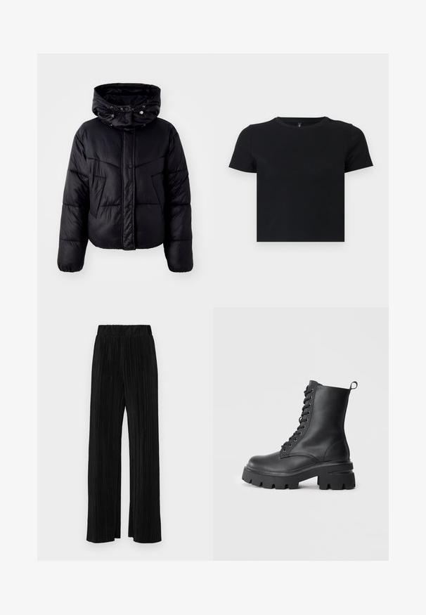 Sort puffers jakke med høj krave og snoretræk i hætten, med frontknap lukning og skrå syede mønster på kroppen.; Sort t-shirt med korte ærmer lavet af blødt bomuld. Har en rund halskrave og en tætsiddende pasform. Glat tekstur uden mønstre eller detaljer.; Sorte plisserede bukser med elastisk talje. Har brede ben og et glat, tekstureret stof med lodrette striber.; Sorte læder snørebåndsstøvler med en kraftig sål, rund tå og struktureret overdel. Har metaløjer og en lille trækflap bagpå.