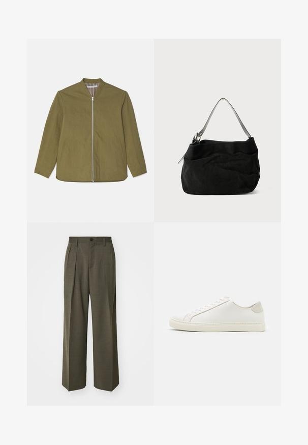 Alyvuogių žalios spalvos, lengvas švarkas su priekiniais užtrauktukais, apykakle ir dviem šoniniais kišenėmis. Lygus paviršius, laisvas pasiuvimas ir paprastas dizainas.; Tamsiai mėlynas medvilnės marškinėliai, trumpomis rankovėmis, apvaliu kaklu, turi tekstūruotą logotipo dizainą ant krūtinės šviesesnėje atspalvyje.; Filippa K WIDE TROUSERS - Kelnės - driftwood; Baltos odinės sportinės avalynės, lygiu paviršiumi, apvaliu nosiu ir minimalistiniu dizainu. Su smėlio spalvos akcentais ant kulno ir guminis padas.; Juodas zomšinis krepšys su minkštu, laisvu dizainu. Jame yra plona, lygi odinė petneša ir subtili siuvimo detalė.