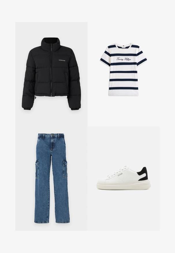 Czarna krótka kurtka puchowa z wysokim kołnierzem, zamkiem z przodu, przeszytymi panelami oraz wyszywanym logo "GUESS JEANS" po lewej stronie klatki piersiowej.; Bawełniana koszulka z poziomymi granatowymi paskami na białym tle. "Tommy Hilfiger" wyszyte kursywą na klatce piersiowej. Okrągły dekolt.; Niebieskie dżinsowe spodnie cargo o luźnym kroju, z dwiema bocznymi kieszeniami, wzmocnionymi szwami i prostym krojem nogawki.; Białe skórzane sneakersy z grubą białą podeszwą, czarnym zamszowym akcentem na pięcie oraz wytłoczonym logotypem z boku. Projekt z sznurówkami i sześcioma dziurkami.