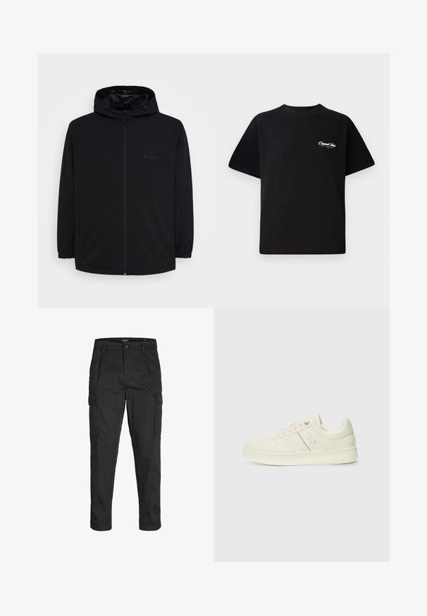 Veste à capuche noire avec fermeture éclair, poignets élastiques et finition mate. Légère, avec un design minimaliste et sans motifs visibles.; T-shirt en coton noir avec col rond, manches courtes et petit texte logo blanc sur la poitrine gauche. Conception simple, coupe classique.; Pantalons cargo noirs en tissu résistant, dotés de plusieurs poches, d'une fermeture par bouton et d'une coupe slim avec des jambes fuselées.; Sneaker couleur crème avec des détails perforés, des lacets et un logo sur le côté, présenté sur un fond blanc uni.