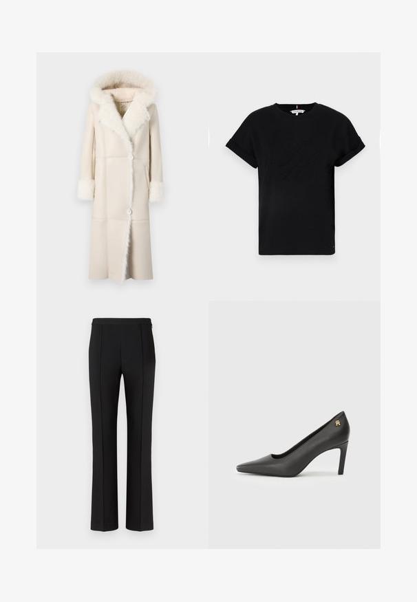 Palton lung, de culoare crem, cu glugă și manșete din blană sintetică, închidere cu nasturi în față și siluetă dreaptă cu detalii din panouri.; Tricou din bumbac negru, cu mâneci scurte răsucite, având un logo embosat în centrul său și un accent mic cu steag pe lateral.; Pantaloni negri, croiți, cu o textură netedă, caracterizându-se printr-o croială dreaptă, pliuri frontale centrate și un design minimalist al taliei.; Pantofi cu toc înalt din piele patent neagră, cu vârf ascuțit, având un mic accent de logo auriu la toc. Textură netedă, design elegant.