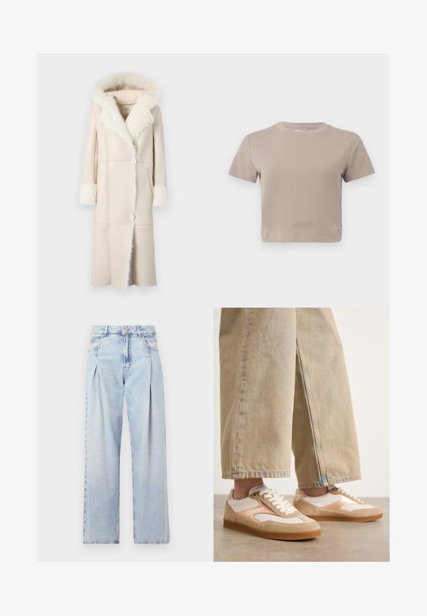 Hosszú, krémszínű kabát, mely műszőrme kapucnival és mandzsettákkal, elülső gombos záródással, valamint egyenes siluettel és panel részletekkel rendelkezik.; Taupe színű, rövid ujjú, cropped T-shirt, kerek nyakkivágással és kis márkázott részlettel az alján.; Világoskék farmernadrág magas derekú, bő szabású, két oldalsó zsebbel és pliszírozott dizájnnal. Puha tapintású, elhalványított felület.; Barna és krémszínű sneakers cipők, bőr és hálós anyagból készült, fűzős záródással és gumitalppal, bézsszínű, bő szárú farmernadrággal párosítva.