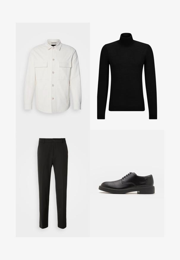 Hvit skjortejakke laget av mykt stoff, med to frontlommer, knapplukking med lyse fargede knapper, og en klassisk krage.; Svart genser med høy hals laget av mykt materiale, med lange ermer og en tettsittende passform. Ribbestrikket kant nederst og ved ermene. Enkelt design.; Sorte bukser laget av glatt stoff, med rette ben, knappelukking og en klassisk design som passer til både formell og uformell bruk.; Svart lær snøre sko med rund tå, glatt tekstur, minimal søm, og lav gummihæl. Logo på hælen.