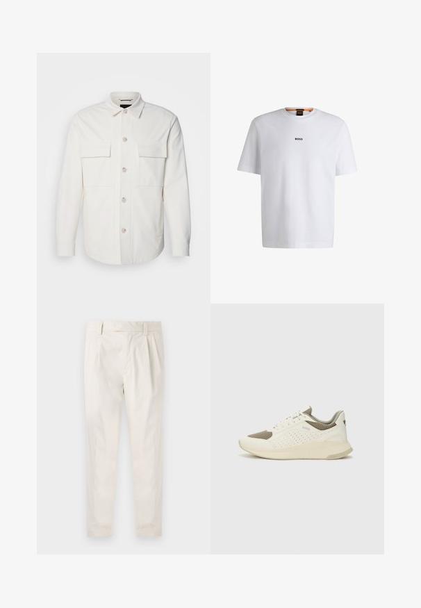 Bílá košile s límcem vyrobená z měkkého materiálu, která má dvě přední kapsy, zapínání na knoflíky s bledými knoflíky a klasický límec.; Bílý bavlněný tričko s krátkým rukávem, se středovým černým logem "BOSS" na hrudi a kulatým výstřihem.; Bílé, plisované kalhoty s upraveným střihem, které mají hladkou texturu, poutka na opasek a zúžené nohavice. Bez viditelných kapes nebo vzorů.; Bílé a světle béžové atletické tenisky, které mají síťovaný svršek, perforované detaily a texturovanou mezipodešev s logem na patě.