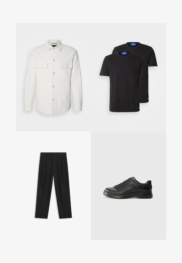 Witte shirtjas van zacht materiaal, met twee voorzakken, een knoopsluiting met lichte knopen en een klassieke kraag.; Twee zwarte katoenen T-shirts met ronde hals, korte mouwen en blauwe "HUGO" labels op de kragen en zijsplitten.; Zwarte broek met een geplooid ontwerp, wijde pijpen en een zachte textuur. Voorzien van een rode taillebandlabel.; Zwarte leren sneaker met een gestructureerde bovenkant, gevoerde kraag en rode logo-details. Heeft een dikke rubberen zool met een opvallend loopvlakpatroon.