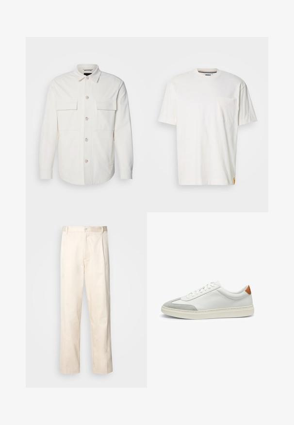 Weißes Hemd-Jackett aus weichem Stoff, mit zwei Fronttaschen, einer Knopfverschluss mit hellen Knöpfen und einem klassischen Kragen.; Weißes Baumwoll-T-Shirt mit Rundhalsausschnitt, kurzen Ärmeln und einer Brusttasche auf der linken Seite. Enthält ein kleines Logotag an der Seitennaht.; Beige Baumwollhose mit geradem Bein, ausgestattet mit einem Knopfverschluss und Falten an der Vorderseite für zusätzliche Details.; Weiße Leder-Sneaker mit grauen Wildlederakzenten und einer sandfarbenen Lederfersenschlaufe. Sie verfügen über eine strukturierte Oberfläche und eine leichte Sohle.