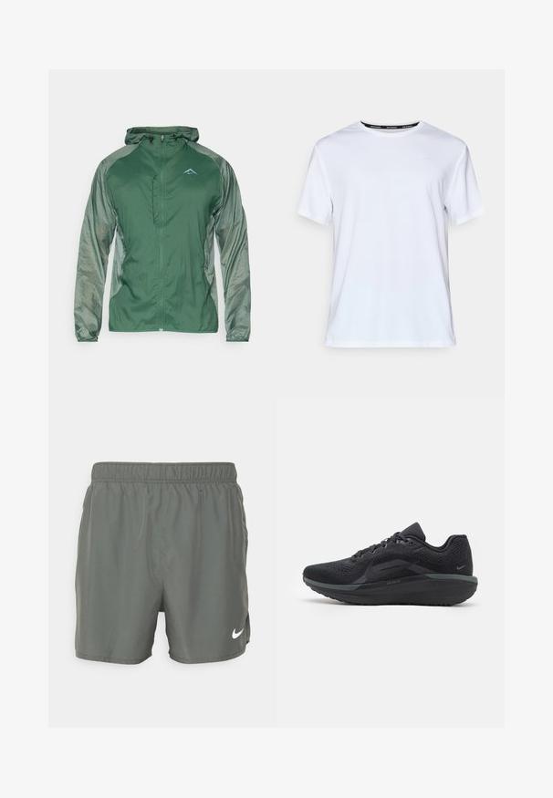Veste légère verte avec une fermeture éclair intégrale, une capuche réglable et des manches texturées contrastantes. Comprend un petit logo sur la poitrine.; T-shirt blanc à manches courtes en tissu lisse. Présente un petit logo bleu clair sur la poitrine et une étiquette noire au cou avec "NIKE RUNNING".; Shorts de bain Nike en vert foncé. Fabriqués à partir d'un matériau léger avec une taille élastique, présentant un logo blanc sur le bas à droite.; Baskets de sport noires avec une tige en mesh respirant, des détails texturés, une semelle rembourrée et des accents réfléchissants. La vue de côté montre un design épuré.