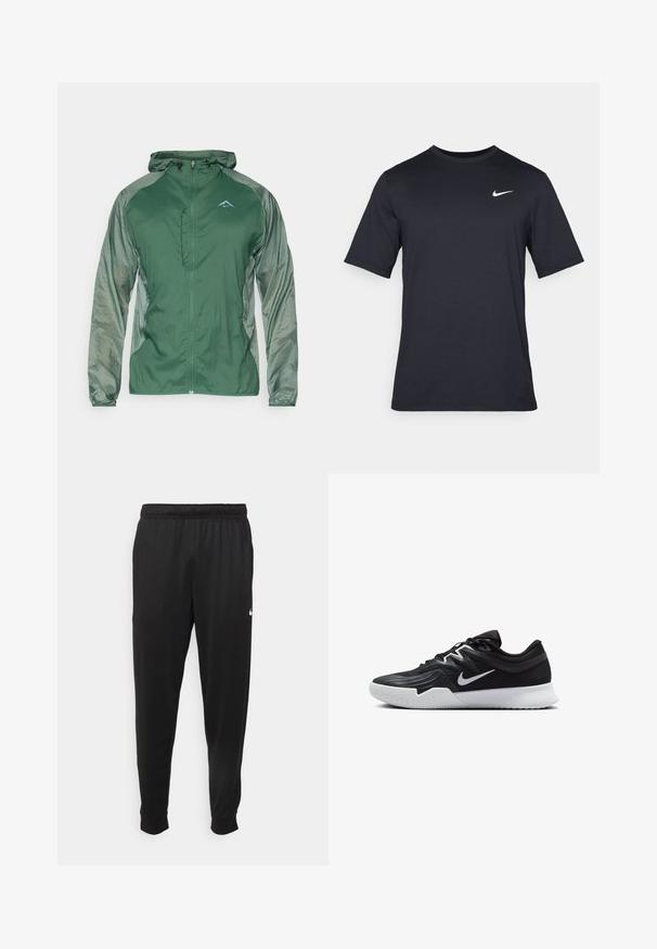 Veste légère verte avec une fermeture éclair intégrale, une capuche réglable et des manches texturées contrastantes. Comprend un petit logo sur la poitrine.; T-shirt noir à manches courtes Nike en tissu lisse, arborant un logo swoosh blanc sur le côté supérieur gauche, col rond.; Pantalon de sport noir en tissu lisse, avec une taille élastique, des jambes fuselées et un petit logo blanc sur le côté gauche.; Chaussure de sport noire avec une tige texturée, un swoosh blanc de Nike et une semelle extérieure en caoutchouc blanc. Elle présente un design à lacets et une forme dynamique.