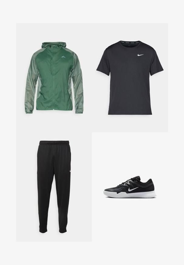 Zelená lehká bunda s celopropínacím zipem, nastavitelnou kapucí a kontrastními texturovanými rukávy. Má malé logo na hrudi.; Černé běžecké tričko Nike vyrobené z lehkého a prodyšného materiálu, s krátkými rukávy a malým bílým logem na hrudi.; Černé sportovní kalhoty vyrobené z hladké tkaniny, s elastickým pasem, zúženými nohavicemi a malým bílým logem na levé straně.; Černá atletická bota s texturovaným svrškem, bílým logem Nike a bílou gumovou podrážkou. Disponuje šněrovacím designem a dynamickým tvarem.