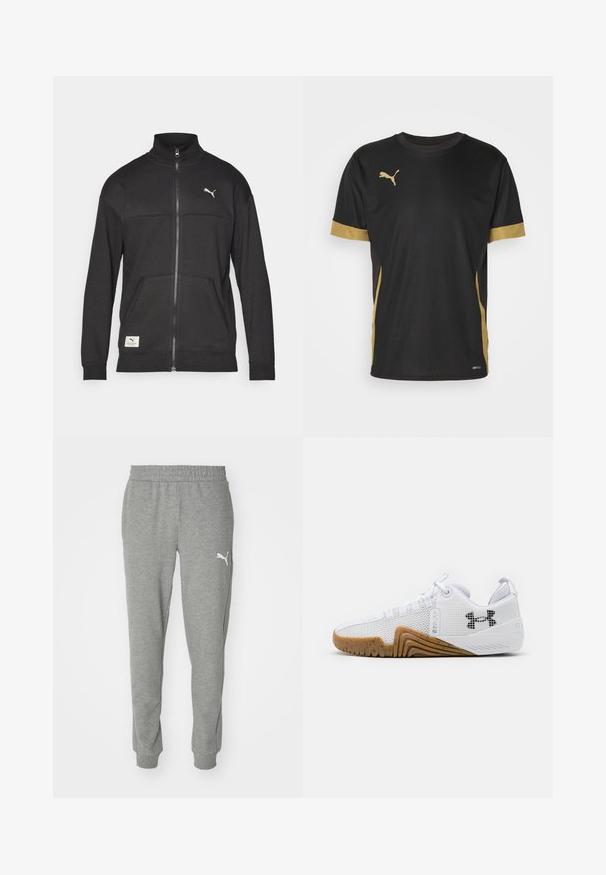 Casaco preto com fecho éclair, feito de tecido texturizado, apresentando um colarinho alto, bolsos laterais e um pequeno logo no peito.; Camisola desportiva preta com detalhes dourados nas mangas e nas laterais. Apresenta uma gola redonda, mangas curtas e tecido DRYCELL que remove a humidade.; Calças de moletom cinzentas feitas de um tecido macio, com um cós elástico, pernas ajustadas e um logo branco na coxa esquerda.; Ténis atléticos brancos com parte superior em malha, sola de borracha na cor âmbar, detalhes texturizados e um logótipo preto de um lado.
