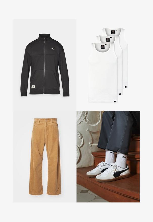 Svart zip-up jacka i texturerad tyg, med hög krage, sidofickor och en liten logotyp på bröstet.; Tre vita ribbade linnen i bomull. Har rund halsringning och små svarta etiketter vid fållen. Finns i flera storlekar.; Breda benbyxor i kordflott i en tan-färg. Har texturerade, vertikala ränder, med en standard midja och två framfickor.; Puma-sneakers i vit och svart mocka, med en brun gummisula. Kombinerade med vita strumpor som visar upp en svart logotyp, bärs tillsammans med mörka byxor.