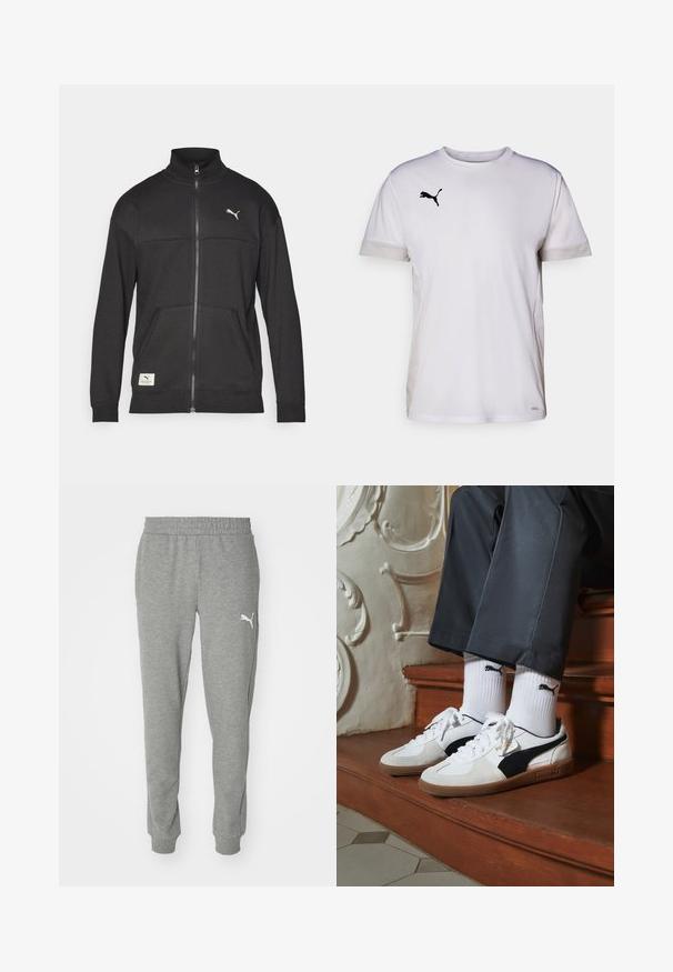 Schwarze Zip-Jacke aus strukturiertem Stoff, mit hohem Kragen, Seitentaschen und einem kleinen Logo auf der Brust.; Weißes kurzärmeliges Sportshirt mit Rundhalsausschnitt, ausgestattet mit atmungsaktiven Netzdetails an den Seiten und einem schwarzen Puma-Logo auf der Brust.; Graue Sweatpants aus weichem Stoff, mit einem elastischen Bund, schmal zulaufenden Beinen und einem weißen Logo auf dem linken Oberschenkel.; Puma-Sneaker aus weißem und schwarzem Wildleder mit einer braunen Gummisohle. Kombiniert mit weißen Socken, die ein schwarzes Logo zeigen, getragen zu dunklen Hosen.