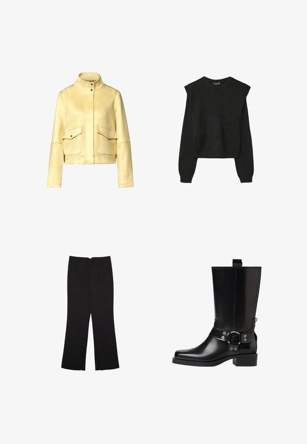 Gul mockajacka med kort längd och hög krage, två framfickor och svarta tryckknappar för stängning. Slät textur, strukturerad design.; Svart långärmad stickad tröja med vadderade axlar och ribbade muddar och fåll, visad mot en vit bakgrund.; Svarta byxor med rak passform, utrustade med framfickor och sidoklyvningar vid fållen. Tillverkade av mjukt, slätt tyg. Lämpliga för olika tillfällen.; Svart läderknähöga stövlar med spetsig tå, silverfärgade spännen och klumpig klack. Har en dragflik för enkel påtagning.