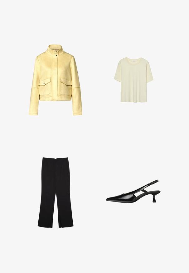 Gul mockajacka med kort längd och hög krage, två framfickor och svarta tryckknappar för stängning. Slät textur, strukturerad design.; Ljusbeige t-shirt med kort ärm, tillverkad av mjukt tyg, med rund halsringning och avslappnad passform, utan mönster eller dekorationer.; Svarta byxor med rak passform, utrustade med framfickor och sidoklyvningar vid fållen. Tillverkade av mjukt, slätt tyg. Lämpliga för olika tillfällen.; Svart lackläder slingback-klackar med spetsig tå, utskuren sidor och en liten fyrkantig klack. Slät textur med minimala accenter.