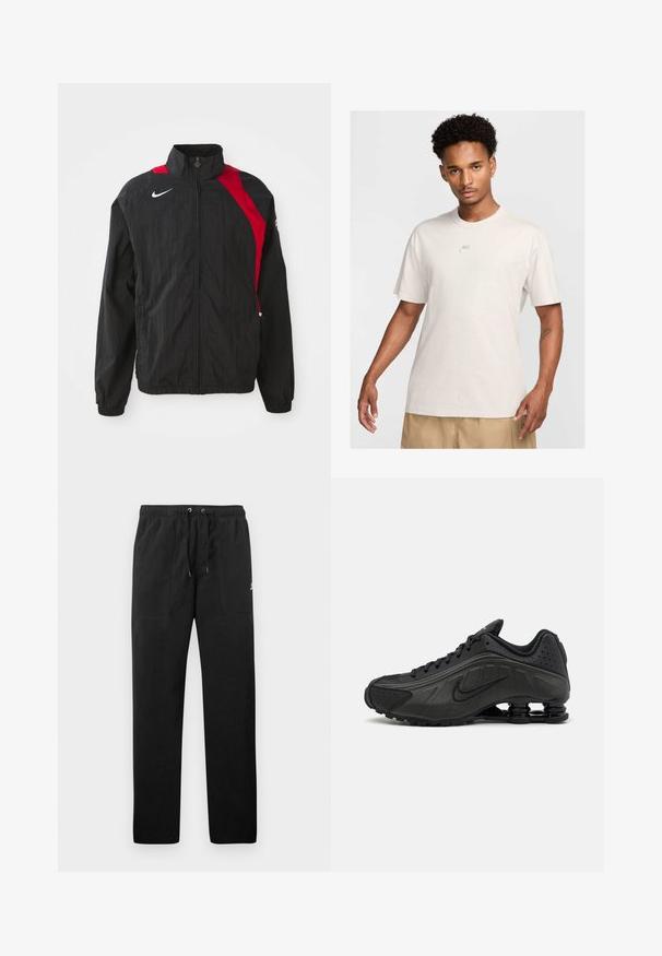 Casaco corta-vento preto com detalhes vermelhos, fechamento com zip, gola alta, punhos elásticos e detalhe reflexivo do logo no peito. Tecido leve e texturizado.; Homem com cabelo curto e encaracolado usa uma t-shirt bege da Nike e calções caqui, virado para a frente contra um fundo claro simple.; Calças de fato de treino pretas feitas de polar, com uma cintura elástica e cordões, dois bolsos frontais e um pequeno logótipo na coxa.; Ténis de corrida pretos com um upper sintético suave, acentos perfurados, painéis laterais texturizados e uma sola distinta e elástica.