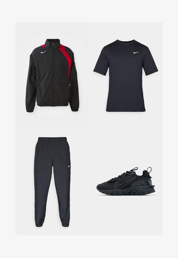 Juoda vėjo striukė su raudonomis detalėmis, užtrauktuku, aukštu apykakle, elastinėmis rankovėmis ir atspindinčiu logotipu ant krūtinės. Lengvas, tekstūruotas audinys.; Juodas trumpomis rankovėmis Nike marškinėliai, pagaminti iš lygaus audinio, su baltu swoosh logotipu viršutinėje kairėje pusėje, apvaliu kaklu.; Juodos sportinės kelnės iš lengvos medžiagos su elastinga juosta, kulkšnies rankovėmis ir diskretišku Nike logotipu kairėje pusėje.; Juoda sportinė avalynė su kvėpuojančiu tinkliniu viršumi, tekstūruotais akcentais ir banguota guma padais. Yra atspindintis logotipas ir raištelių sistema.