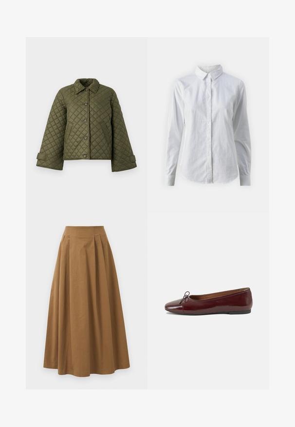 Casaco acolchoado verde-oliva com gola, botões grandes e mangas sino. Apresenta costura diagonal e bolsos laterais.; Camisa branca de botão feita de algodão suave, com colarinho clássico, mangas longas e bainha curva. Os botões são pequenos e brancos.; Saia A-line de algodão castanho com cintura alta, apresentando pregas na parte da frente e uma textura suave. As bordas da bainha são limpas e simples.; Bailarinas em couro sintético borgonha com bico redondo, pequeno laço na frente e sola baixa em borracha preta. Textura suave.