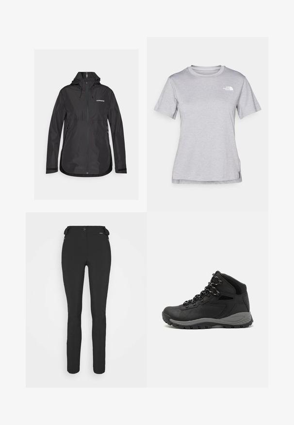 Zwarte waterdichte jas met een hoge kraag, verstelbare trekkoorden, een rits aan de voorkant en zijzakken. Voorzien van een subtiele merklogo op de borst.; Grijze T-shirt met korte mouwen, gemaakt van zachte, vochtabsorberende stof. Heeft een ronde hals en een klein wit logo op de bovenste linkerzijde.; Zwarte, strakke broek gemaakt van een flexibel materiaal. Kenmerken zijn onder andere een ritszak aan de zijkant, gebogen knieën en een gladde textuur.; Zwarte wandelschoen met een mid-top ontwerp, voorzien van een gestructureerde bovenkant, grijze accenten en een duurzame rubberen zool met gripnoppen.