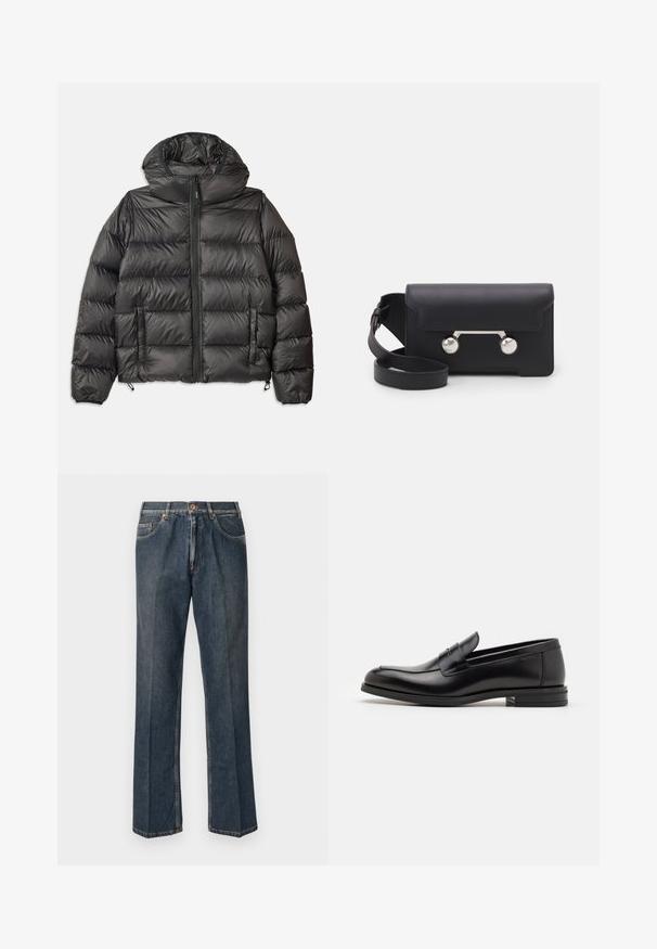 Čierna púzdrová bunda s kapucňou, so zipsovým predným uzáverom, dvoma bočnými vreckami a prešívanou textúrou. Vyrobená z ľahkého, izolačného materiálu.; Námornícky modré tričko s krátkym rukávom, biely nápis "ani vo sne" umiestnený na strede hrude, okrúhly výstrih, stredná veľkosť.; Tmavomodré rovné džínsy s predným gombíkom, zipsom, dvojitými prednými vreckami a viditeľnými vertikálnymi pukmi pozdĺž nohavíc.; Čierne kožené mokasíny s hladkou textúrou, zaoblenou špičkou a dekoračným pásikom cez priehlavok. Nízky vrstvený opätok, minimalistický dizajn.; Čierna kožená crossbody taška s klopovým uzáverom, strieborné nity a dve okrúhle ozdoby. Obsahuje odnímateľný popruh. Hladký povrch.