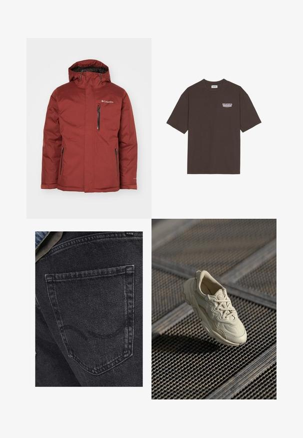 Burgundi színű vízálló dzseki kapucnival, elülső cipzárral és oldalsó zsebekkel. Texturált anyag, logóval a bal felső mellkasi területen.; Barna pamut póló laza fazonnal, rövid ujjakkal, és egy kis "ÍZLETES FRISS GYÜMÖLCS" grafika fehér és lila színekben.; Fekete farmernadrág, a hátsó zseb finom varrási részletekkel. A textúra enyhén kopott, puha, fakó felülettel.; Beige sneakerek textúrázott anyagból, sima kontrasztos részletekkel, kerek talppal és fűzőkkel, egy rácsozott felület fölött lebegve.