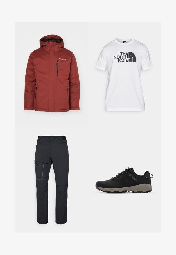 Bordo vodootporna jakna s kapuljačom, prednjim zipom i bočnim džepovima. Teksturirana tkanina s logotipom na gornjem lijevom dijelu prsnog koša.; Bjela pamučna majica s crnim grafičkim printom koji uključuje tekst i zakrivljeni dizajn logotipa. Okrugli izrez i kratki rukavi. Jednostavna tekstura.; Crne vanjske hlače s patentnim zatvaračem na butu, elastičnim pojasom i glatkim, vodootpornim materijalom. Čist dizajn bez vidljivih logotipa.; Crne planinarske cipele s glatkim gornjim dijelom, perforiranim dizajnom, sivoj potplati i ojačanim petom. Sadrže vezice i petlju za lakše oblačenje.