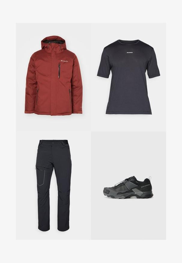 Bordo ūdensizturīga jaka ar kapuci, priekšējo rāvējslēdzēju un sānu kabatām. Strukturēta auduma, ar logotipu augšējā kreisajā krūtī.; Melnas īsām piedurknēm izstrādāta veiktspējas T-krekls, kas izgatavots no elpojoša auduma, ar apaļu kakla izgriezumu un nelielu baltu "SALOMON" logotipu uz krūtīm.; Melni āra bikses ar rāvējslēdzēja sānu kabatu, elastīgu jostasvietu un gludu, ūdensizturīgu audumu. Tīra dizaina bez redzamām emblēmām.; Melnas taku skriešanas kurpes ar izturīgu sieta augšdaļu, pastiprinātu purngala daļu, teksturētu gumijas zoli un elastīgu šņorēšanas sistēmu drošai piegulšanai.