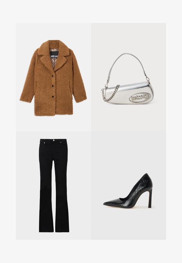 Brun teddyjacka med tre svarta knappar, breda slag och insidan av kragen har leopardmönstrad foder.; Svart långärmad croppad topp gjord av strukturerad tyg, med en figurnära design och rynkdetaljer vid bysten.; Svarta utsvängda jeans i denim, med två framfickor, knäppning och en slät textur. Signaturstickning synlig vid sömmarna.; Svart spetsig högklackad sko med krokodilskinnsstruktur, som har en elegant design, hög stilettklack och en slät svart innersula.; Silverfärgad metallhandväska med rundad triangelform, utrustad med en logotyp, kedjerem och slät yta. Dragkedjeslutning på sidan.