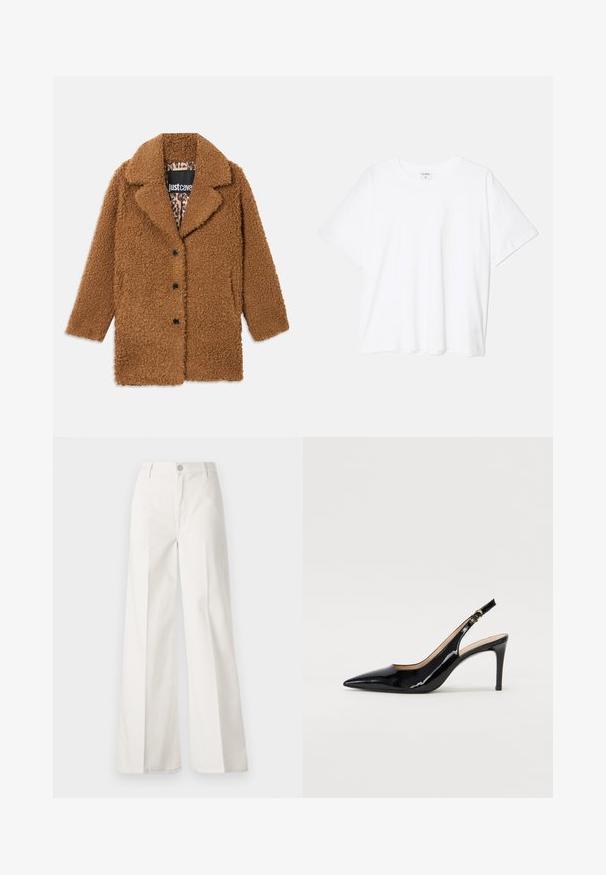 Pruunist karupakist, millel on kolm musta nuppu, laiad kraed ja leopardimustriga vooder, mis on nähtav krae seest.; Valge puuvillane T-särk lühikeste varrukatega, ümmargune kaelus, mugav lõige ja õmmeldud serv. Silt nähtav kaela seest.; Valged laiade jalgadega püksid, mis on valmistatud siledast puuvillast. Omab esitallist ning lukuga sulgemist ja nelja tasku disaini.; Must hõbedavärvi patendiga slingback kontsakingad terava varbaga, kitsas konts ja peene lõikega disain. Statistika on kuldne pandla rihmal.