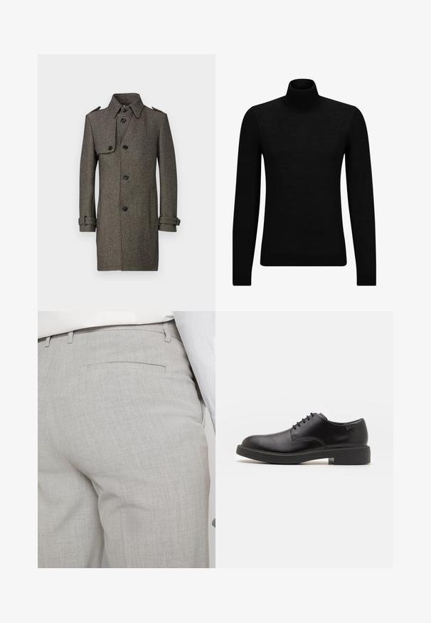 Brun herringbone-kappa med krage, fyra knappar och justerbara ärmslut. Har en axelrem och en slät textur.; Svart polotröja gjord av mjukt material, med långa ärmar och en åtsittande passform. Ribbat avslut vid fåll och ärmslut. Enkelt mönster.; Ljusgrå skräddarsydda byxor av texturerat tyg med en enda bakficka och rena sömmar.; Svart läder snörsko med rund tå, slät yta, minimal söm och låg gummihäl. Logotyp på hälen.