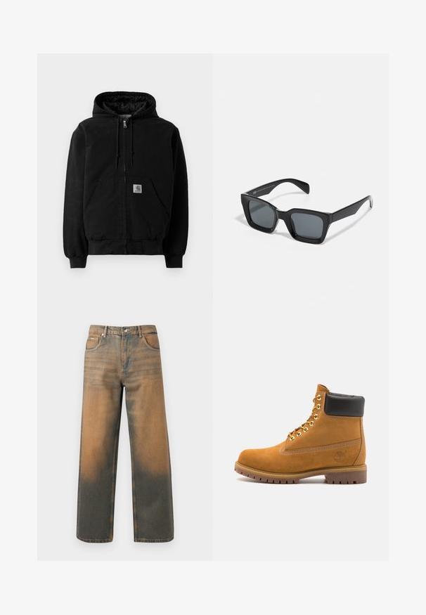 Czarna rozpinana kurtka z kapturem, z przednimi kieszeniami, sznurkiem w kapturze, ściągaczami przy mankietach oraz małą naszywką z logo Carhartt na kieszeni.; Biała bluza z kapturem, z dużym nadrukiem w formie identyfikatora w kolorach niebieskim, żółtym i czarnym, z kieszenią z przodu i ściągaczem na kapturze.; Jeansy o szerokich nogawkach w przetartym niebieskim i brązowym denimp. Posiadają wysoki stan, przednie kieszenie oraz klasyczne zapięcie na guzik z metalowymi akcentami.; Beżowe zamszowe botki sięgające kostki z czarną wyściełaną krawędzią, złotymi oczkami, białymi detalami szycia oraz wytrzymałą gumową podeszwą z wyraźnym bieżnikiem.; Czarne prostokątne okulary przeciwsłoneczne z ciemnymi soczewkami. Plastikowa oprawka o błyszczącym wykończeniu, z szerokim mostkiem i lekko zwężającymi się ramionami.