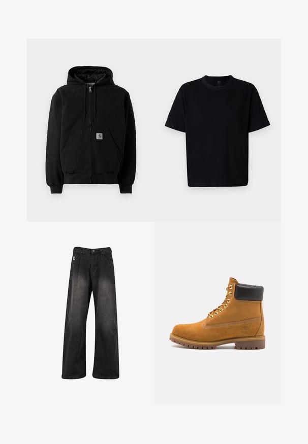 Giacca a zip nera con cappuccio, tasche frontali, cappuccio con cordoncino, polsini a coste e una piccola etichetta con il logo Carhartt sulla tasca.; Maglietta nera in cotone con scollatura rotonda, maniche corte e taglio dritto. Presenta cuciture minime e una texture morbida e liscia.; Pantaloni in denim neri a gamba larga con una finitura sbiadita, dotati di chiusura con bottone, cinque tasche e una patch con il marchio sul lato sinistro anteriore.; Stivale alla caviglia in suede tan con collare imbottito nero, occhielli in metallo dorato, dettagli in cucitura bianca e suola in gomma robusta con battistrada pronunciato.