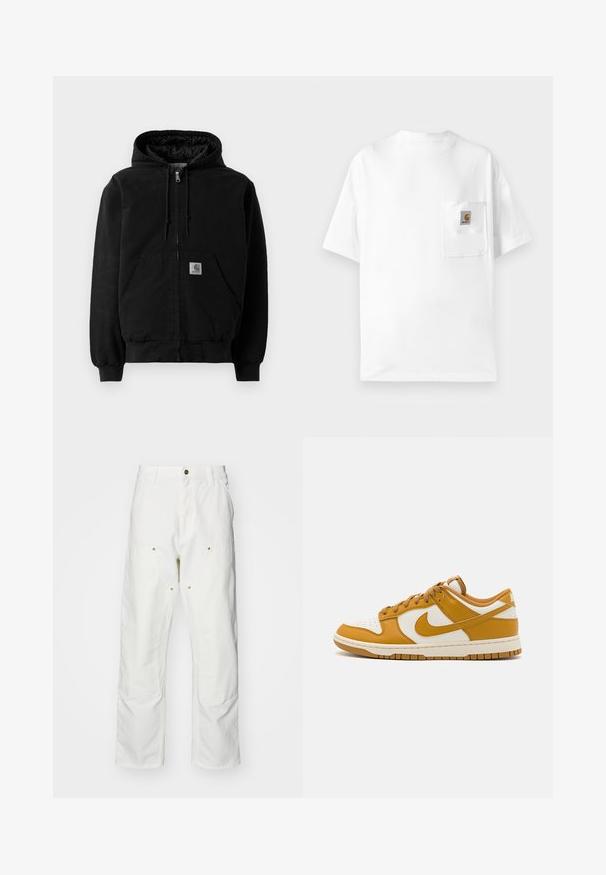 Zwarte ritssluiting hoodie-jack met voorzakken, een trekkoord aan de capuchon, ribgebreide boorden en een kleine Carhartt logo-patch op de zak.; Witte katoenen T-shirt met een ronde hals, korte mouwen en een borstzak met een logo-patch. Minimalistisch ontwerp en naadloze textuur.; Witte katoenen cargobroeken met een relaxte pasvorm. Kenmerken zijn onder andere voorzakken, gouden hardware accenten en versterkte kniezones.; Gele en witte leren sneaker met een ronde neus, perforaties en vetersluiting. Heeft een rubberen zool en een opvallend Nike-logo.