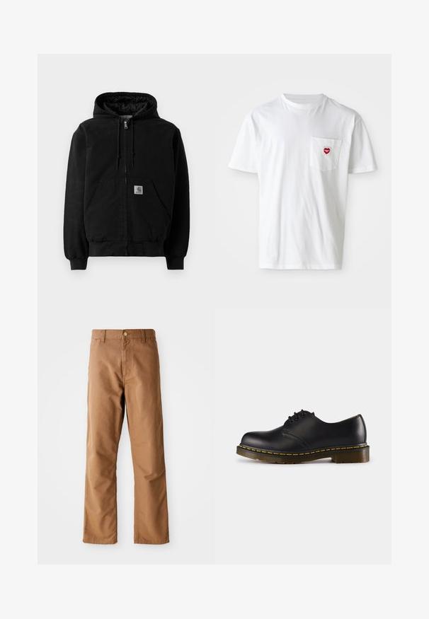 Fekete cipzáras kapucnis dzseki elülső zsebekkel, húzózsinóros kapucnival, bordás mandzsettákkal és egy kis Carhartt logós folttal a zseben.; Fehér pamut póló kerek nyakkal és rövid ujjakkal. Bal oldalon, a mellzseben egy kis piros szívlogó található.; Barna egyenes szárú nadrág övbelépőkkel, elülső zsebekkel, gombos záródással és cipzáros sliccel, fehér háttérrel.; Fekete bőr cipő lekerekített orral, fűzős kialakítással, sárga varrással a talp mentén és masszív, texturált gumi talppal.