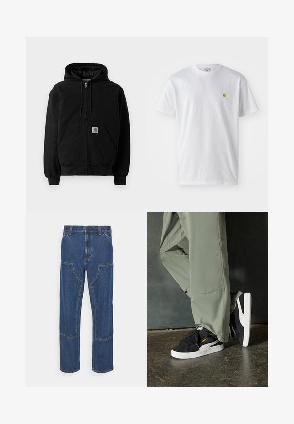 Juodas zip-up kapučio švarkas su priekinėmis kišenėmis, raišteliu sureguliuojamu kapučiu, guma apdirbtomis rankovėmis ir mažu Carhartt logotipo ženkleliu ant kišenės.; Balta medvilnės marškinėliai su trumpomis rankovėmis, apvalia iškirpte, kuriuose kairėje krūtinės pusėje yra mažas auksinis logotipas. Minkšta tekstūra ir reguliari forma.; Mėlynos džinsinės kelnės su tiesiomis kojomis, priekinių kišenių ir kontrastingomis siūlėmis. Audinys turi klasikinę tekstūrą ir apdailą.; Juodi suede sportbačiai su baltais guminiais padais ir šoninėmis juostelėmis, derinami su šviesiai žaliais kargo kelnais, stovintys ant tekstūruoto tamsaus paviršiaus.