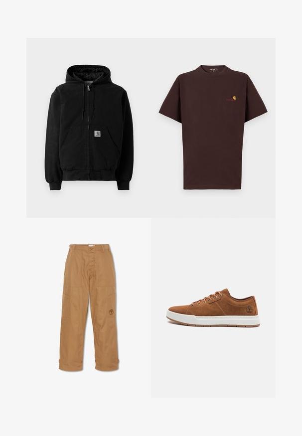 Sort zip-up hættejakke med forlommer, snoretræk i hætten, ribbede manchetter og et lille Carhartt-logo patch på lommen.; Brun bomulds t-shirt med korte ærmer, rund halsudskæring, logo på venstre bryst i orange og rød, lige kant og afslappet pasform.; Khaki arbejdsbukser, lavet af slidstærkt stof, har flere lommer, knaplukning og broderet logo på låret.; Brune ruskinds sneakers med hvid gummisål, rund tå, seks metaløjer og præget logo detalje på siden. Klassisk snøredesign.