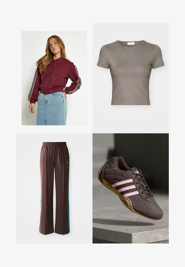 Bordo bomber jakna s gumbima, ima bijele i tamnoplave pruge na rukavima, rebraste manžete i skraćeni dizajn.; T-maica kratkih rukava, okruglog izreza u taupe boji, izrađena od glatkog pamuka. Ima prilagođeni kroj i fine šavove duž rubova i rukava.; Smeđe atletske hlače s rebrastom teksturom, elastičnim pojasom i tirkiznim bočnim trakama. Na prednjem dijelu nalazi se adidas logo.; Smeđi suedeski atletski tenisice s ružičastim prugama i logotipom, s teksturiranim gornjim dijelom, vezanjem na vezice i gumiranim potplatom.
