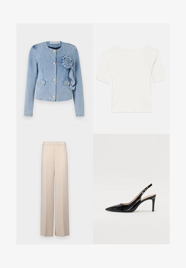 Világoskék farmerdzseki kerek nyakkivágással, arany gombos záródással, folt zsebekkel, és egy díszes szövetvirággal az elülső bal oldalon.; Fehér bordázott, rövid ujjú felső széles nyakkivágással. A textúrája függőleges csíkokkal rendelkezik, hangsúlyozva a szoros illeszkedést és az egyszerű dizájnt.; Behúzódó széles lábú nadrág sima anyagból, magas derékkal és diszkrét elülső redőkkel. Nincs zsebe és látható fémszerelvénye.; Fekete lakk bőr kötött magassarkú cipő, hegyes orral és karcsú sarokkal, finom kivágásos dizájnnal. Az övön arany csatt található.