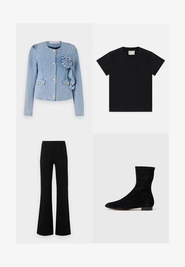Light blue denim jacket with a round neckline, gold button closures, patch pockets, and a decorative fabric flower on the front left.; Black short-sleeve crew neck t-shirt with a white tag inside the collar labeled "D.R.C. EST. 2002" on a white background.; Black flared pants with a high waist, made of stretchy fabric. Features vertical seam details on the front and a smooth texture.; Black suede ankle boot with a fitted shaft, pointed toe, and a low block heel. Smooth texture and minimalistic design, suitable for versatile styling.
