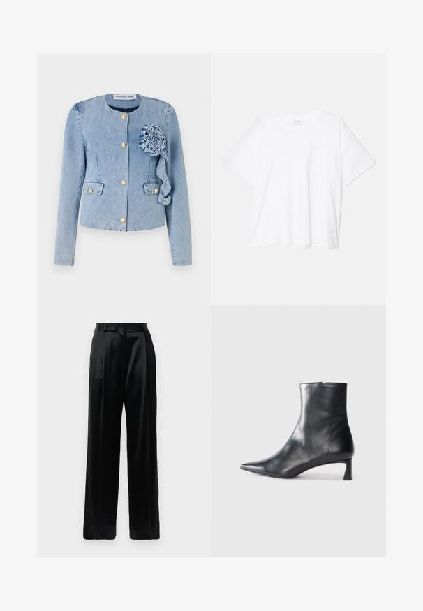 Šviesiai mėlyna džinsinė striukė su apvaliu kaklu, auksiniais mygtukais, kišenėmis su panele ir dekoratyvine audinio gėle kairėje pusėje.; Balta medvilnės marškinėliai trumpomis rankovėmis, apvalia iškirpte, laisvo kirpimo ir su siūtu kraštu. Etiketė matoma vidinėje iškirptės pusėje.; Juodos satino kelnės su aukštu liemeniu, tiesiais plačiais kojais, diržo kilpomis ir plokščiu uždarymu prieš baltą fono.; Juodas odinis kulkšninis batas su smailiu pirštu ir elegantišku dizainu. Turi žemą kulną ir užtrauktuką gale. Lygi tekstūra.